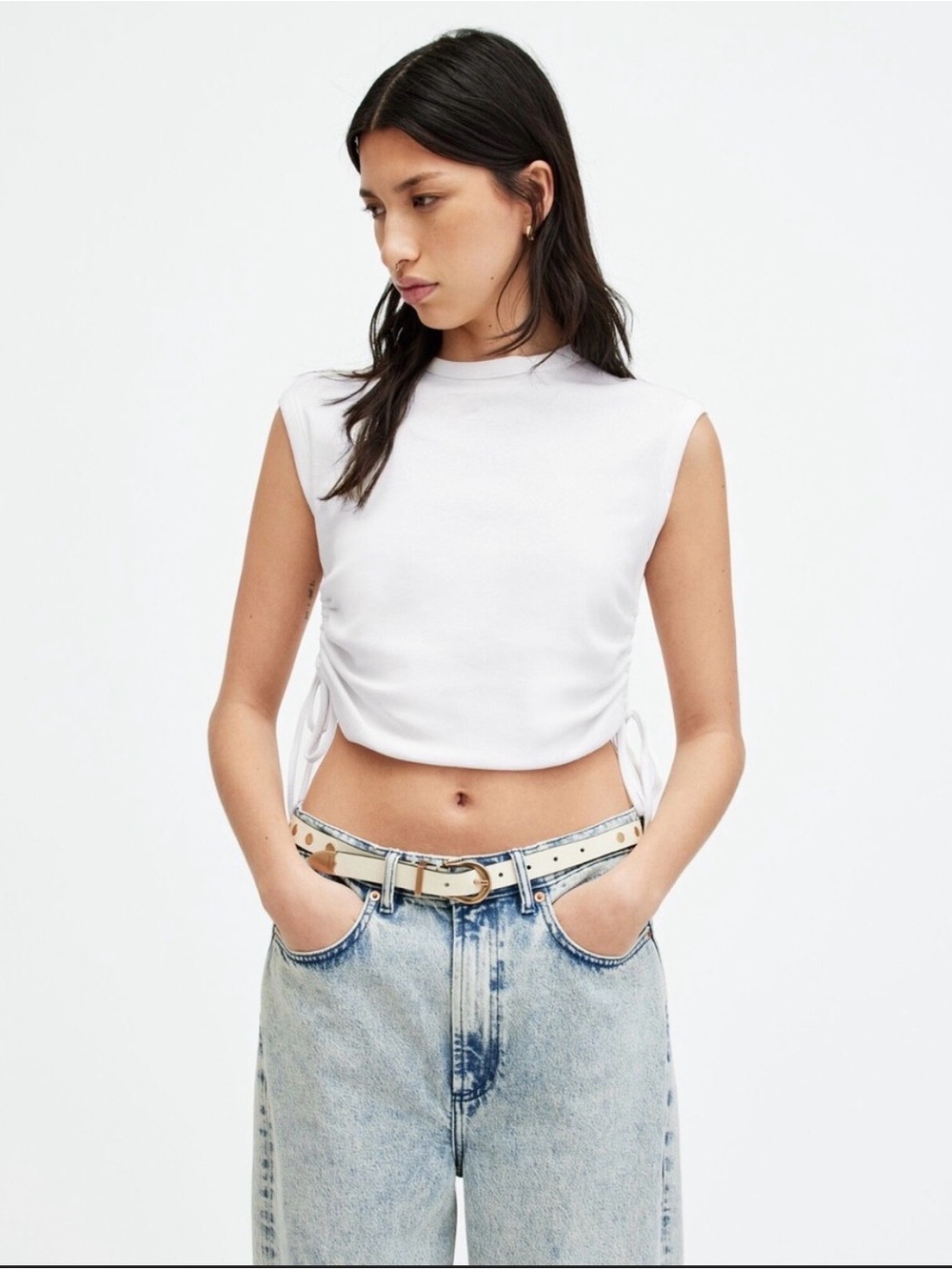 All Saints White Sonny Sleeveless Side Seam Drawcord Cropped Tank T-Shirt sz 8